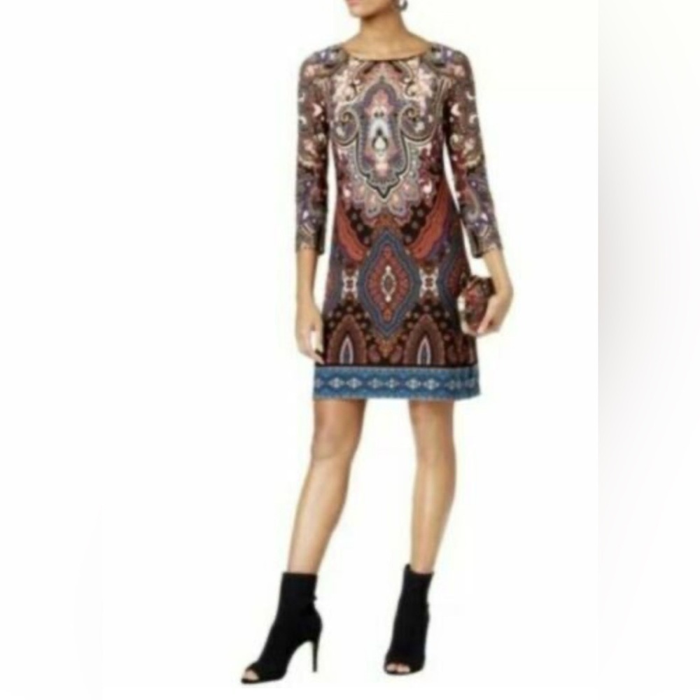 INC International Concepts Brown and Orange Sheath Dress with Long Sleeves